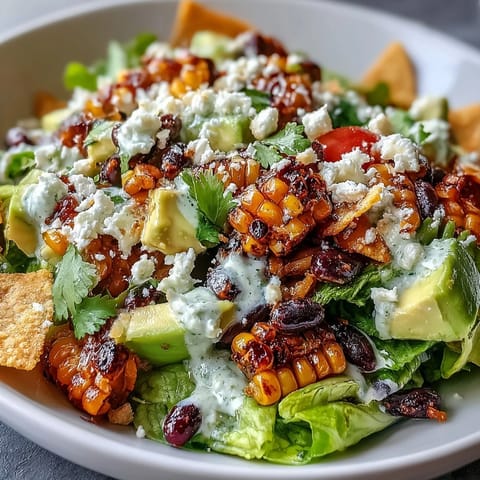 Vibrant grilled corn and black bean taco salad bursts with fresh ingredients and zesty lime dressing.