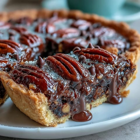 Decadent Chocolate Bourbon Pecan Tart with flaky crust, ready for slicing.