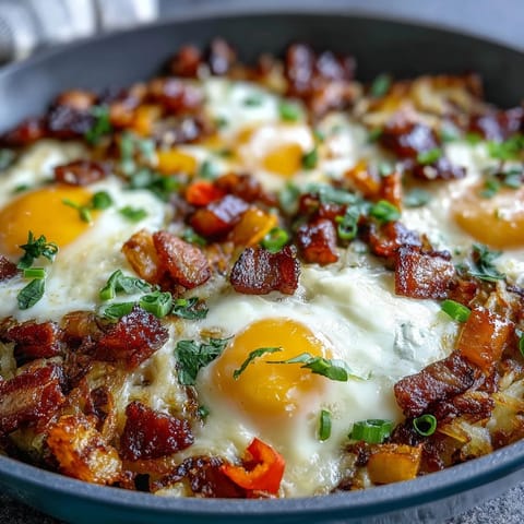 Hearty Father's Day Loaded Hash Brown Skillet with golden eggs and crispy bacon.