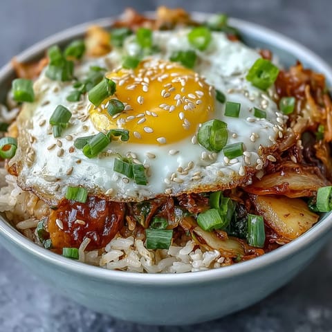 Spicy kimchi fried rice bowl, topped with a golden fried egg and vibrant green onions.