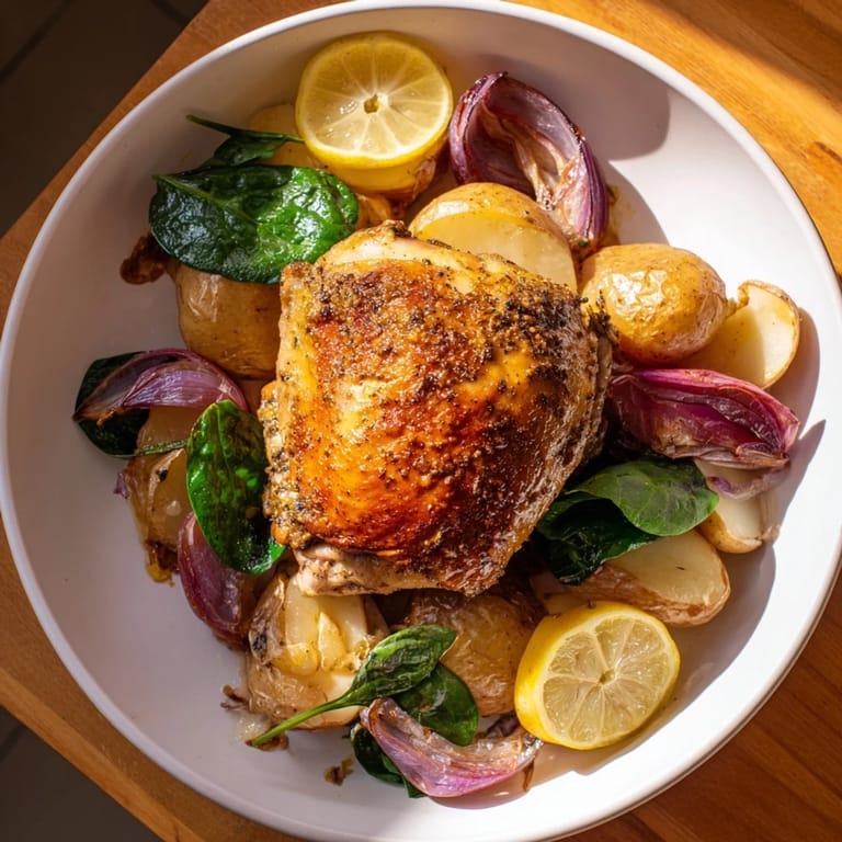Beautifully plated Pan-Roasted Chicken with Zaatar, flavorful potatoes, and lemon wedges, a complete meal.