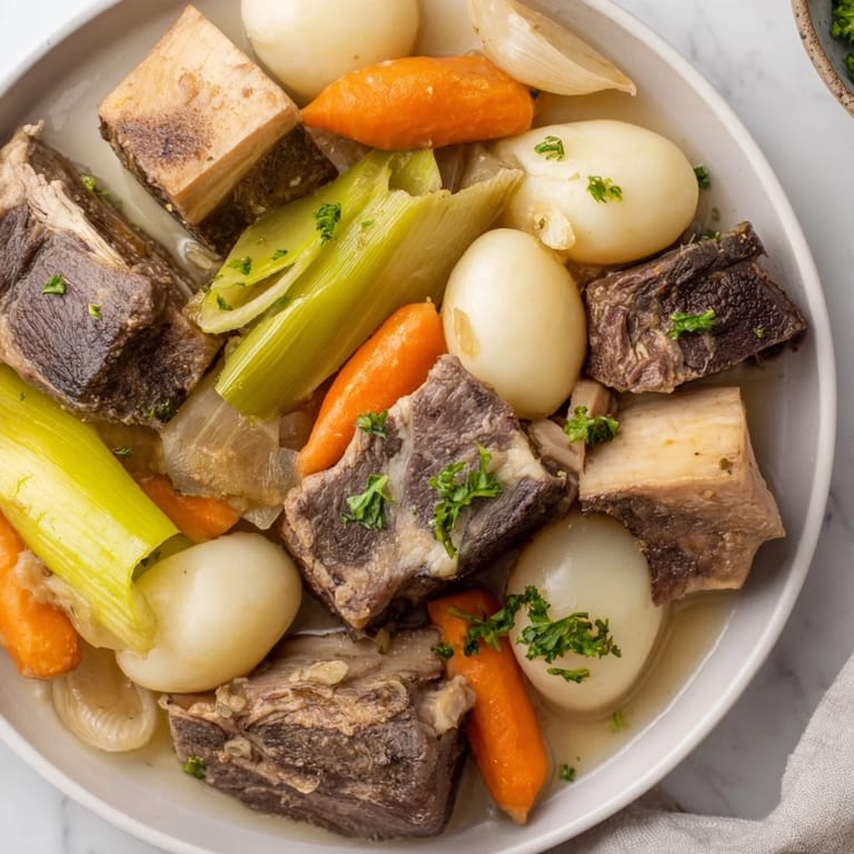 Hearty Authentic Pot-au-Feu offers a comforting broth, perfect for a cozy family meal.