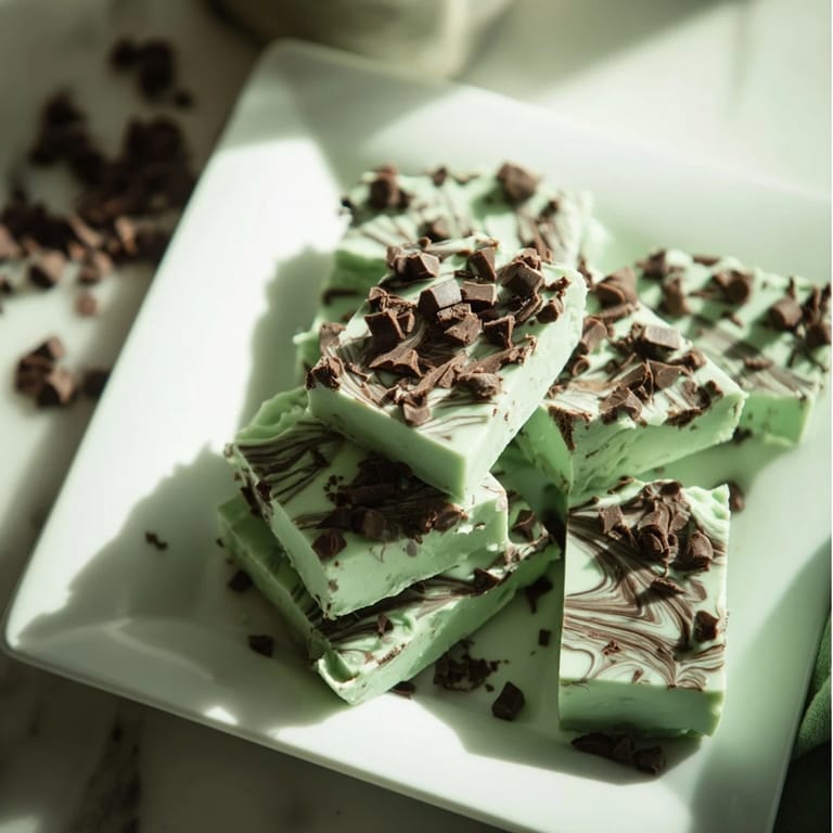 Square pieces of the 5-Minute No-Bake White Chocolate Peppermint Fudge with crushed candy topping, chilled and ready.