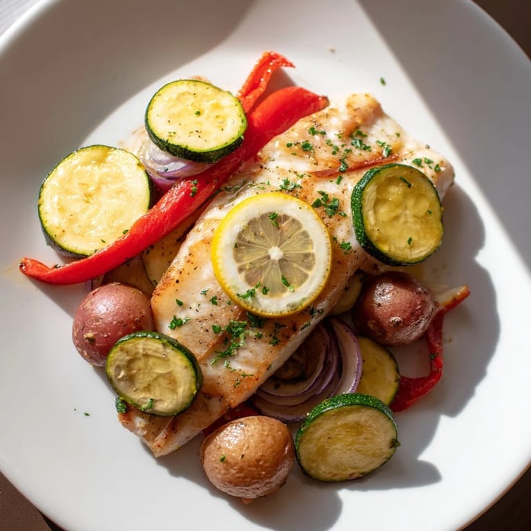 Sheet pan of vibrant Lemon Butter Tilapia with perfectly cooked vegetables, drizzled with zesty lemon sauce.