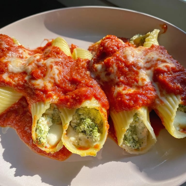 Golden cheesy topping on baked Cheesy Broccoli Stuffed Manicotti, perfect for a comforting weeknight meal.