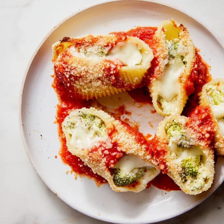 Warm Cheesy Broccoli Stuffed Manicotti, overflowing with creamy goodness, ready after baking to perfection.