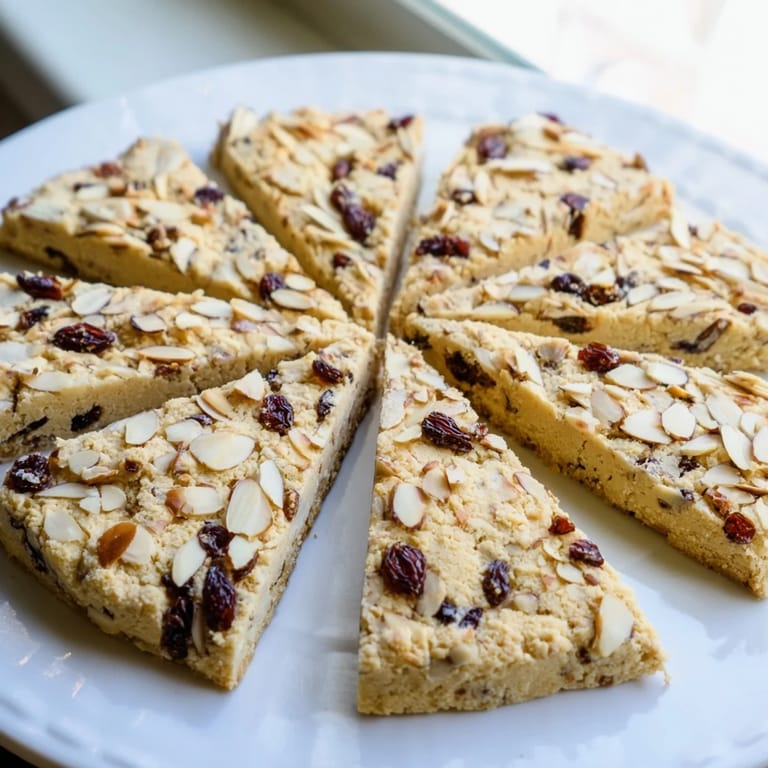 Close-up of baked Cherry Almond Shortbread Wedges; buttery, cherry-studded goodness with a sprinkle of almonds.