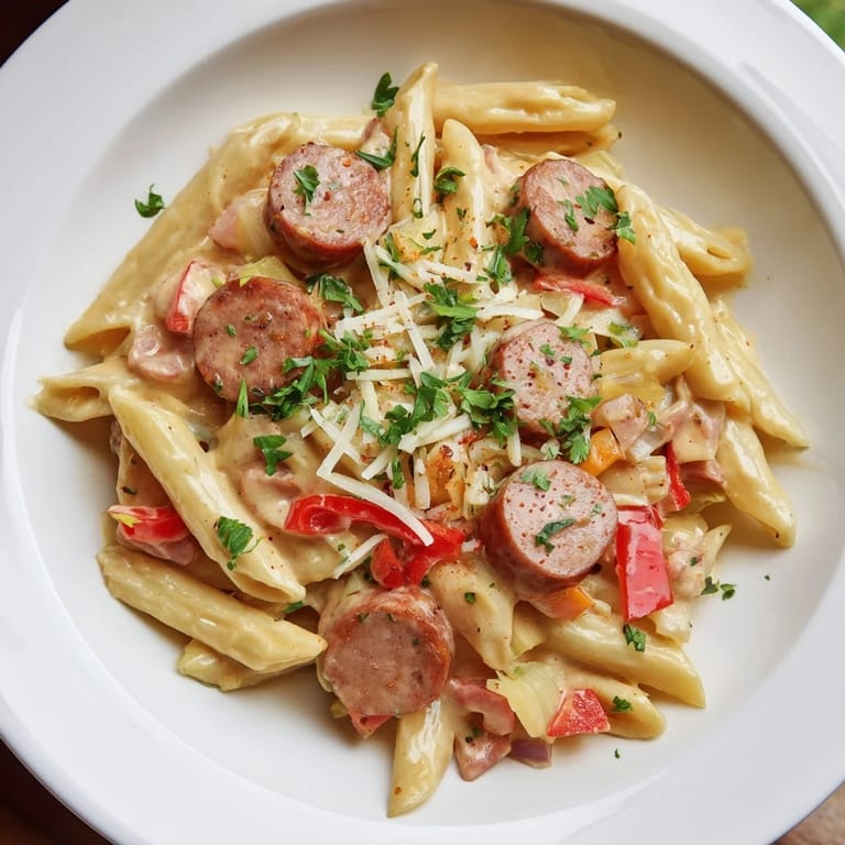 Golden penne pasta coated in rich Alfredo sauce with savory smoked sausage, a Cajun Alfredo symphony.