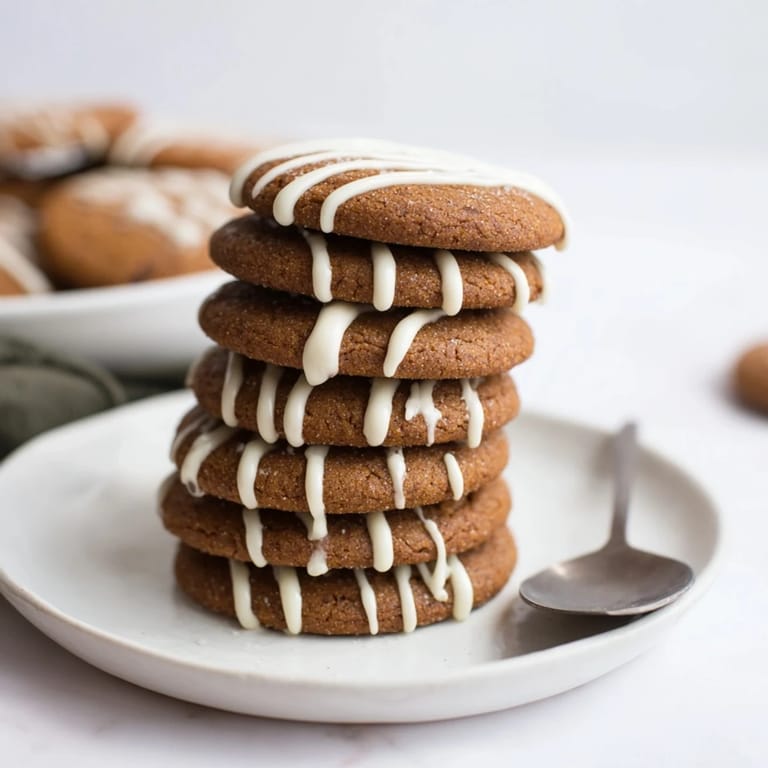 Freshly baked Gingerbread Latte Cookies, aromatic with ginger, are drizzled with melted white chocolate goodness.