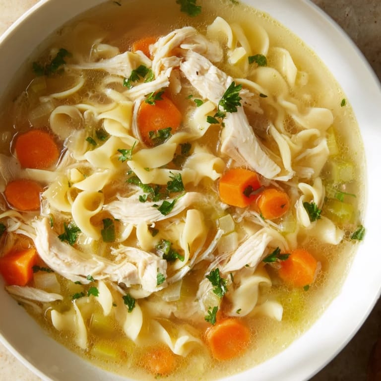 Homemade Classic Chicken Noodle Soup brimming with noodles, perfect for a cozy, comforting meal.