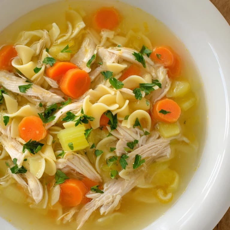 Hearty Classic Chicken Noodle Soup, a warm and delicious bowl of soup, ready to eat.