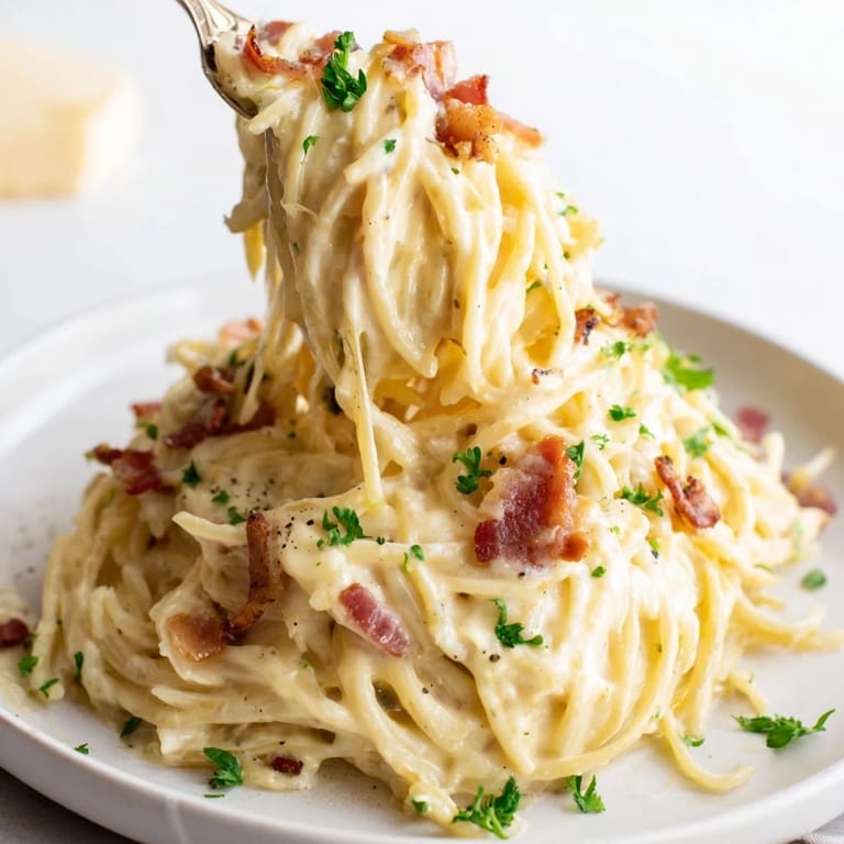 Delectable Carbonara Ramen Fusion, ready in minutes, featuring cheesy noodles and crispy bacon bits.