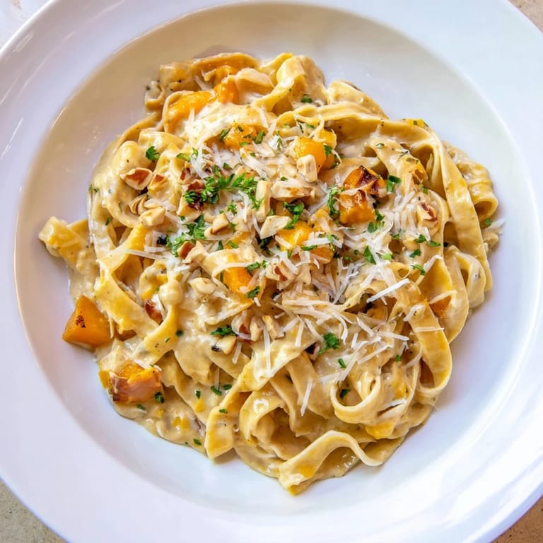 Golden-hued Healthy Creamy Pumpkin Sage Holiday Pasta with creamy sauce, a beautiful and comforting dish.