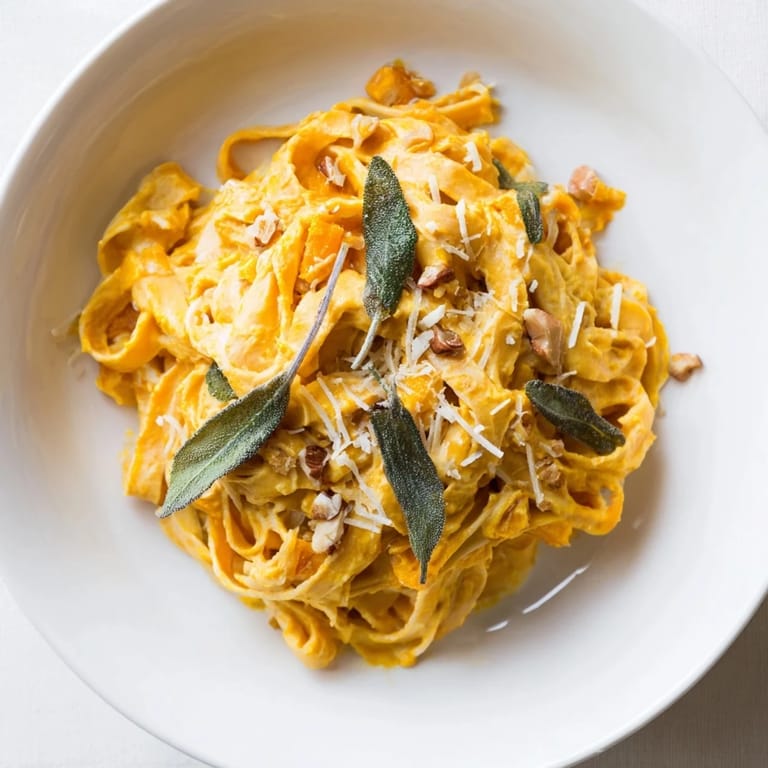 A bowl of delicious Healthy Creamy Pumpkin Sage Holiday Pasta, perfect for a cozy, festive dinner.