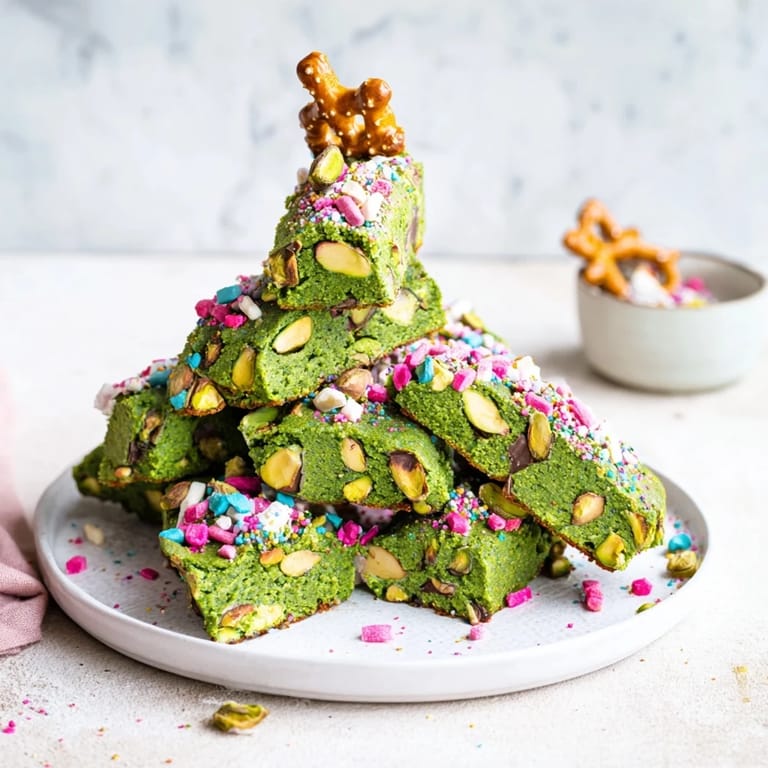 Soft and chewy Matcha Pistachio Christmas Tree Blondie Bars, offering a delightful mix of textures and holiday flavors.