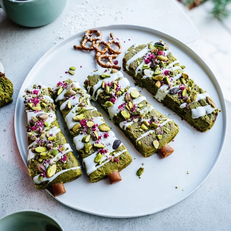 Earthy green Matcha Pistachio Christmas Tree Blondie Bars topped with white chocolate and colorful sprinkles; a sweet dessert.