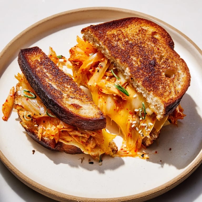 Melted cheddar cheese and spicy kimchi combine in this amazing Skillet Kimchi & Cheddar creation.