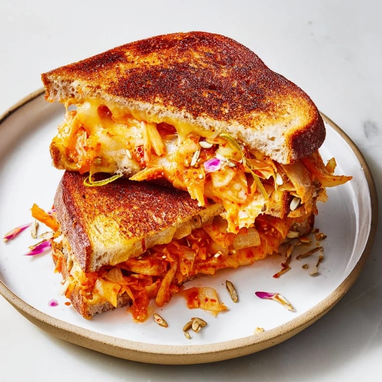 Crispy sourdough sandwiches filled with savory Skillet Kimchi & Cheddar Fusion Grilled Cheese, ready to eat.