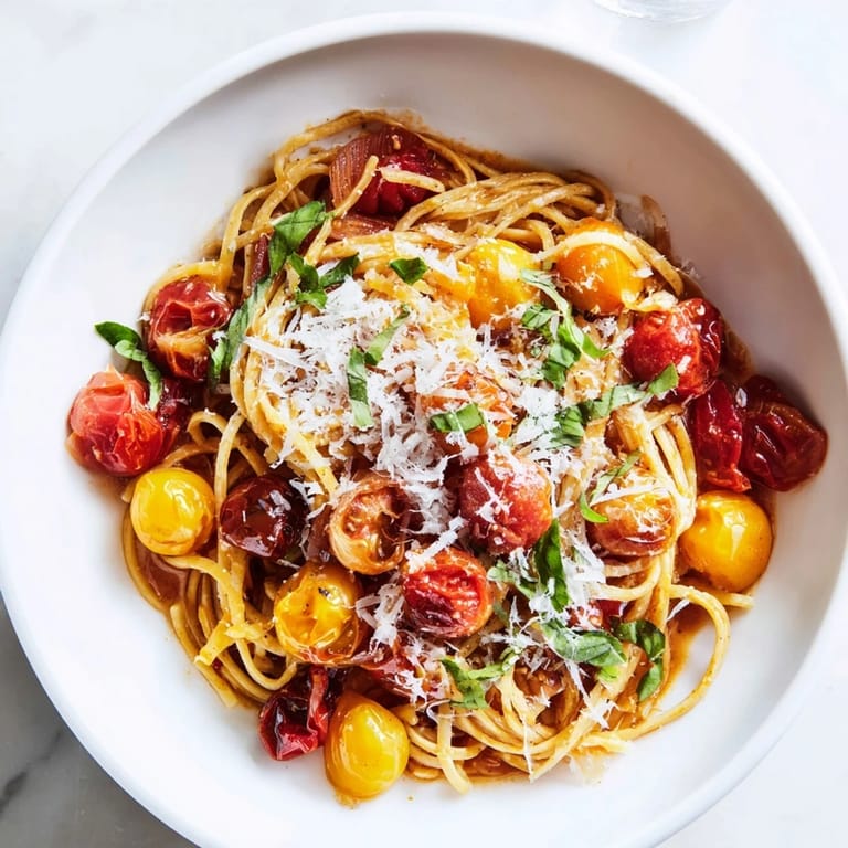 Bright red cherry tomatoes and fragrant basil highlight this delicious Cozy Fireplace One-Pan Tomato Basil Pasta.