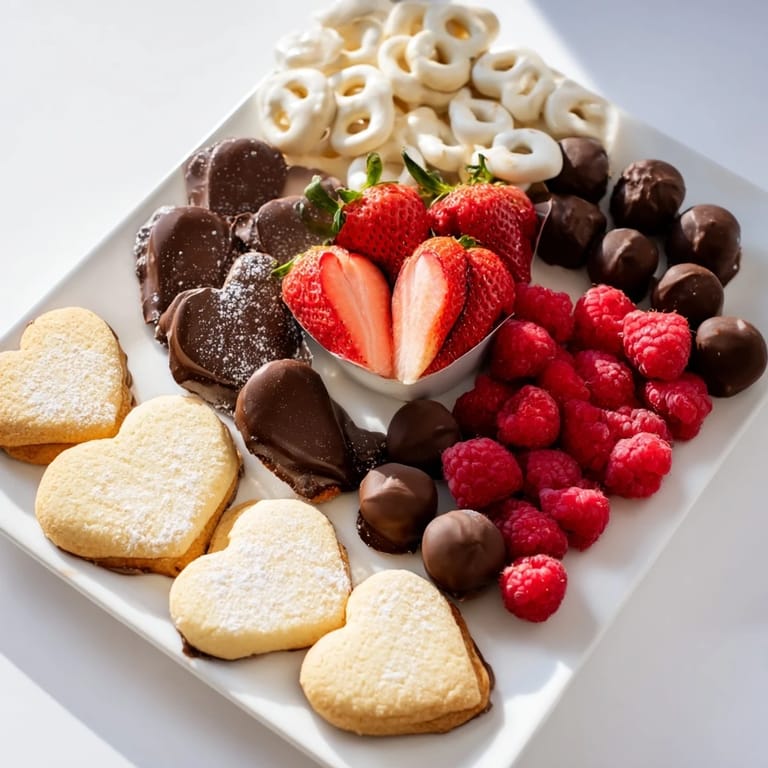 This Love Letter Dessert Board features an assortment of colorful fruits and sweet treats arranged artistically.