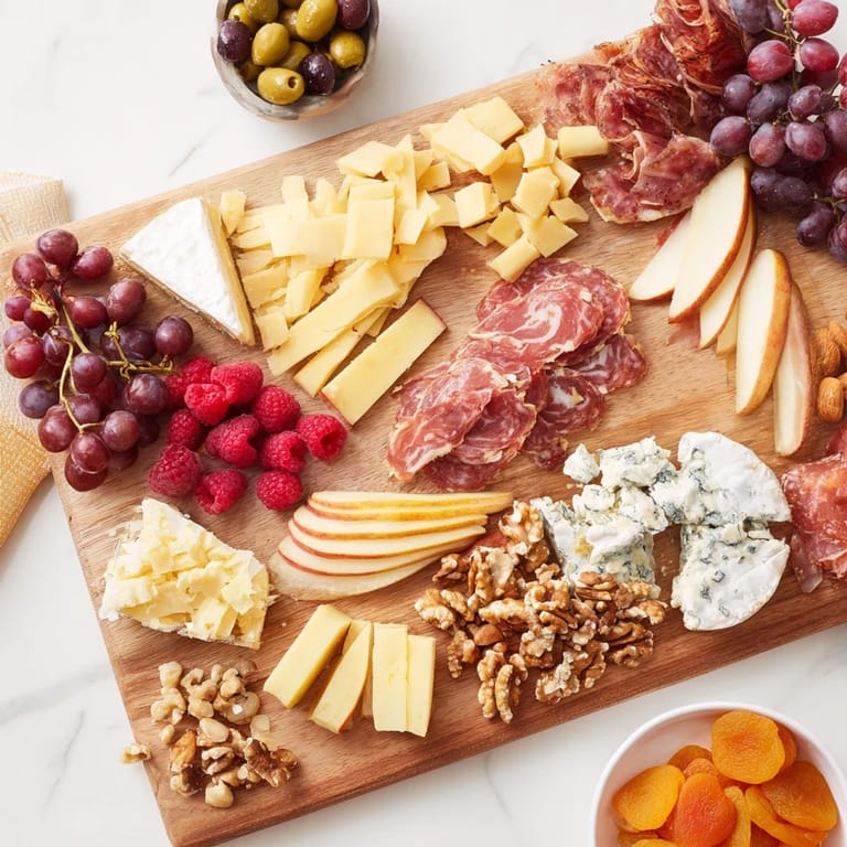 This Lace & Pearls grazing board displays colorful fruits, artisanal cheeses, and meats ready to enjoy.