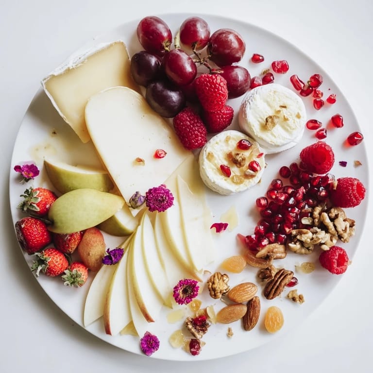 The elegant Rose Garden Romantic Platter presents fresh fruit, cheeses and edible flowers for a delightful appetizer.