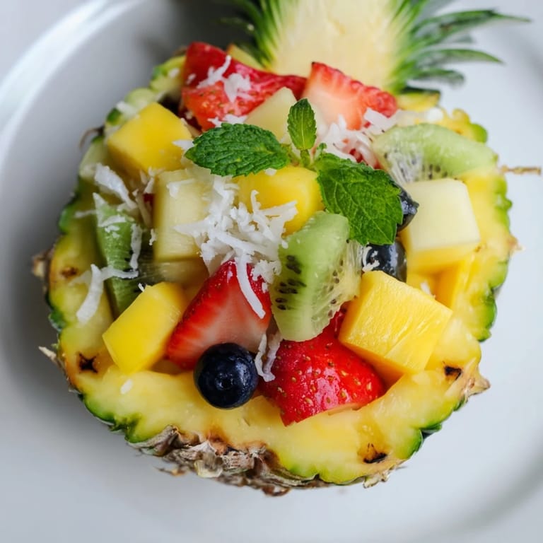 The finished Tropical Bliss Pineapple Fruit Boat, a vegan treat bursting with fresh pineapple and berries.
