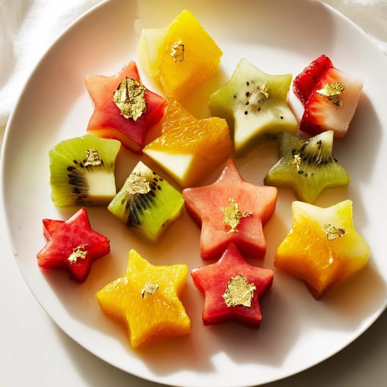 Fresh Midnight Kiss star and heart garnishes, crafted from kiwi and strawberry, ready for celebratory cocktails.