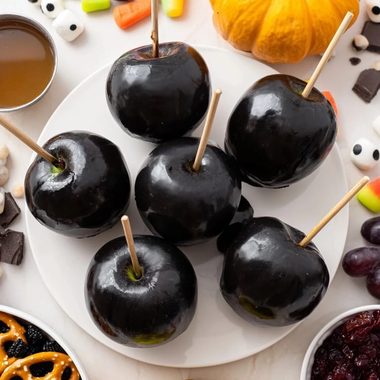 This gorgeous Halloween treat board displays shiny, black poison apples ready for serving with tempting dips.