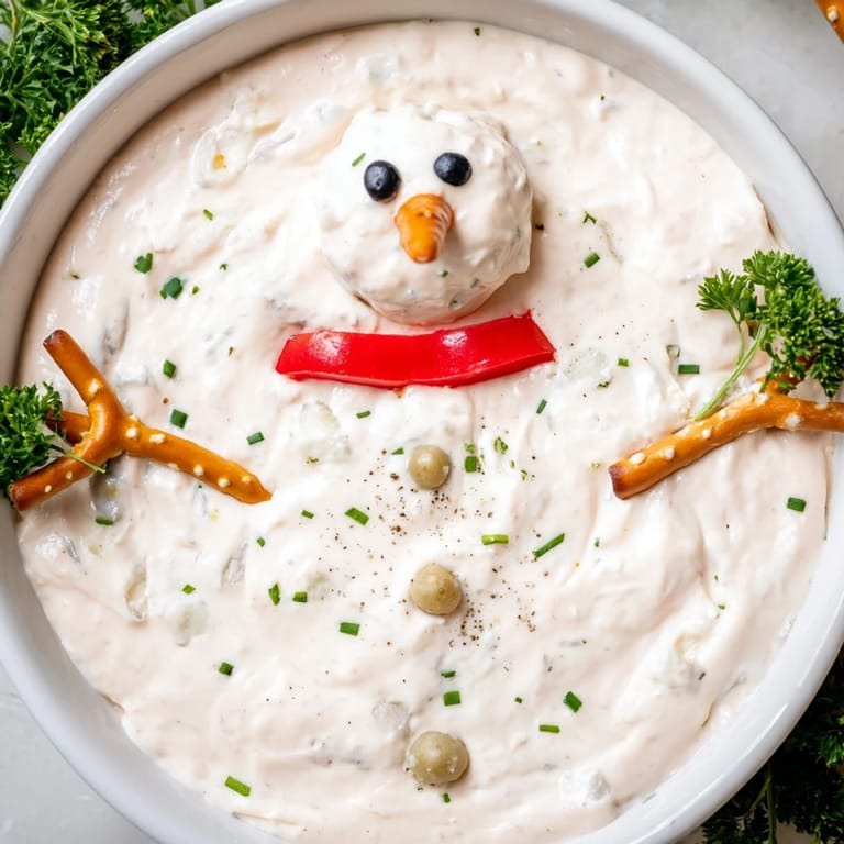 A close-up of Melted Snowman Dip, with a playful snowman face made of fresh, flavorful ingredients.