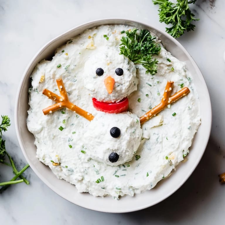This delicious Melted Snowman Dip features a cheerful, cheese-based snowman ready to be scooped up.