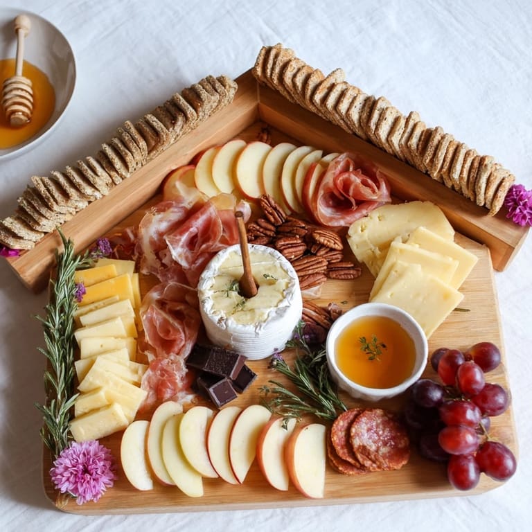 This Sweet Home Charcuterie Board features honey, chocolate, and candied pecans for a delightful treat.