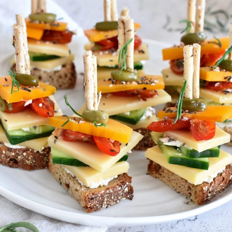 Savory Urban Skyscraper Appetizers built with crackers, cheese, and fresh ingredients, ready to eat.