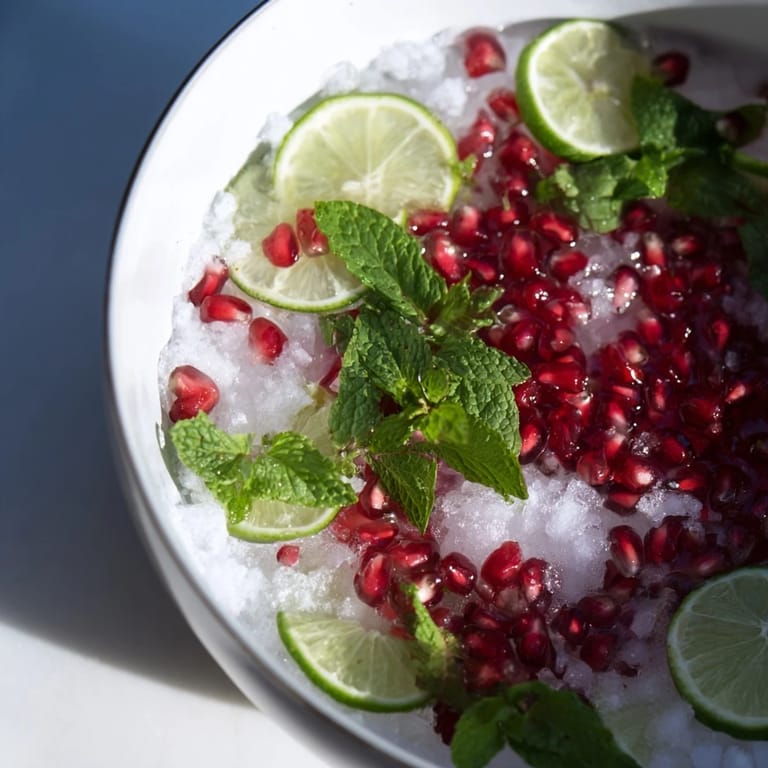 Bright, ruby-red Pomegranate and Mint Wreath sparkling in a punch bowl with lime slices.