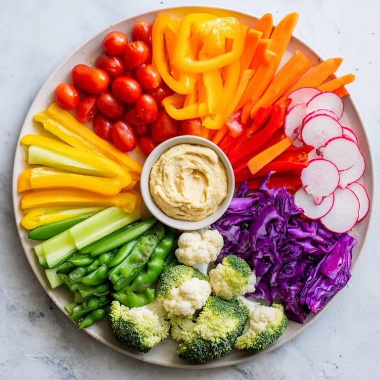 This visually stunning vegetable rainbow board features vibrant, raw veggies, arranged for easy snacking and dipping.
