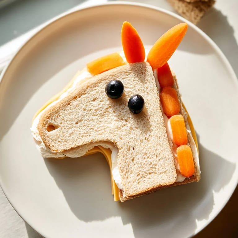 Colorful horse head sandwich cutouts, topped with olives and carrot, ready for a kid's lunch.
