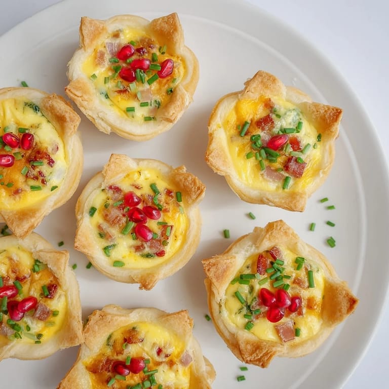Beautifully decorated mini quiche Christmas Tree, perfect party appetizer with vibrant colors.