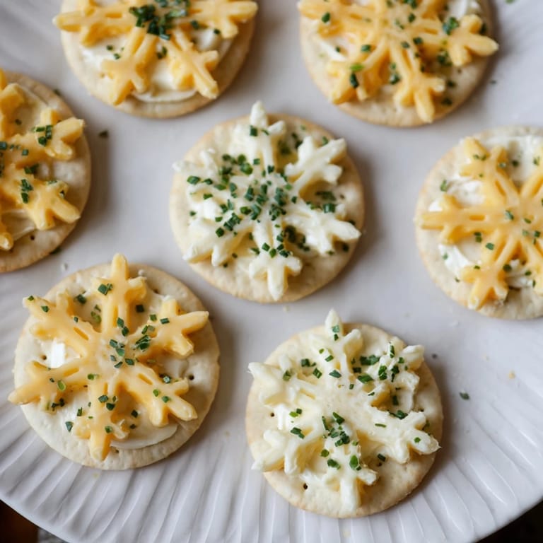 Delicate snowflake cheese cutouts top crackers in this perfect Savory Bites: Cracker and Cheese design, ready to enjoy.