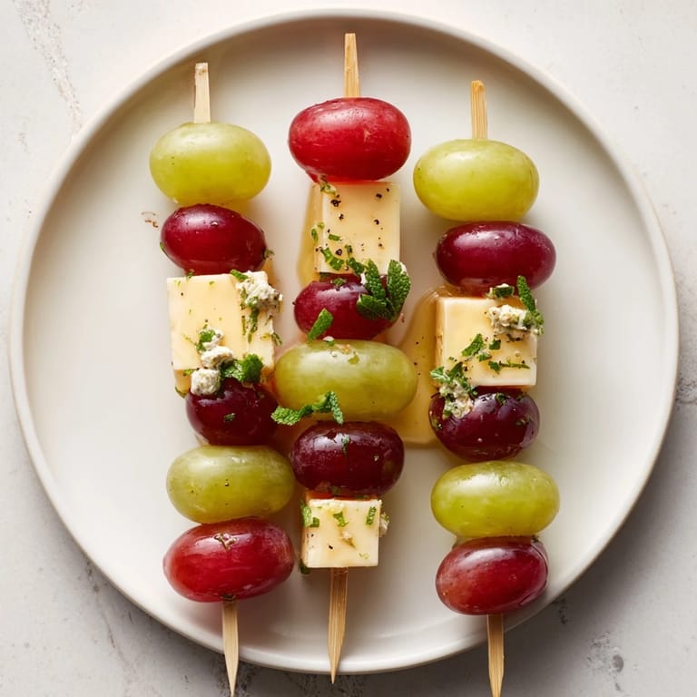 Honey-glazed Sparkling Grape and Cheese Skewers offer a taste of celebration, featuring contrasting textures.
