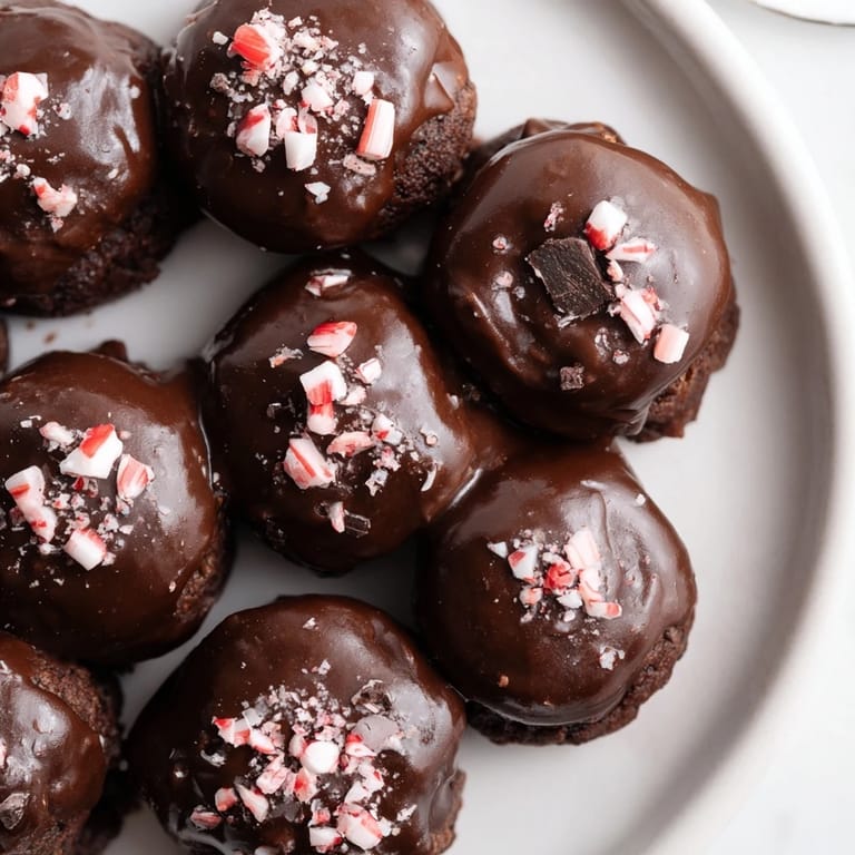 Close-up of decadent Peppermint Mocha Brownie Bites, drizzled with glaze and sprinkled with crushed candy.