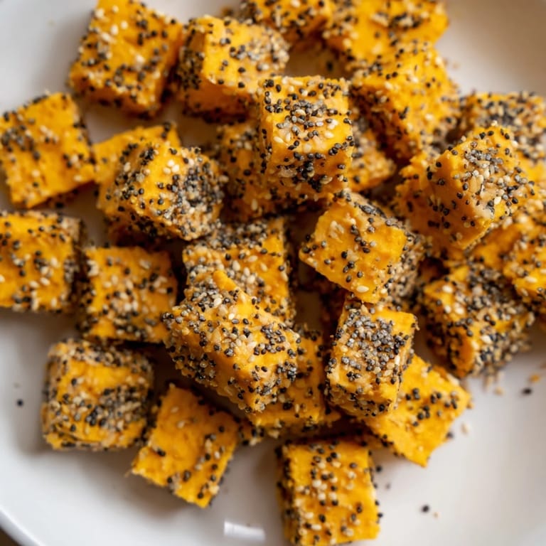 Golden, seasoned everything bagel seasoning cheese cubes ready to serve as a tasty, easy appetizer.
