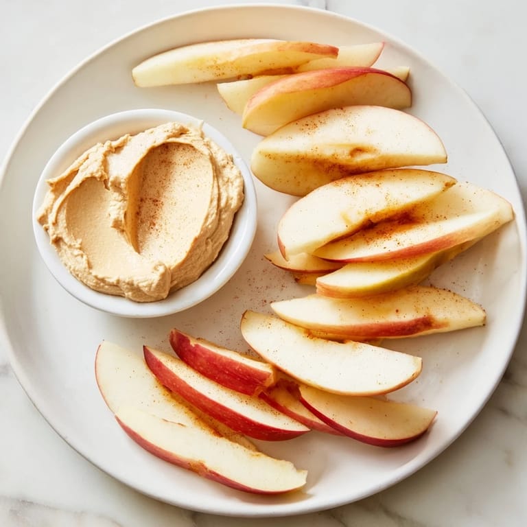 Freshly cut apple slices ready for dipping in a smooth peanut butter dip, a quick treat.