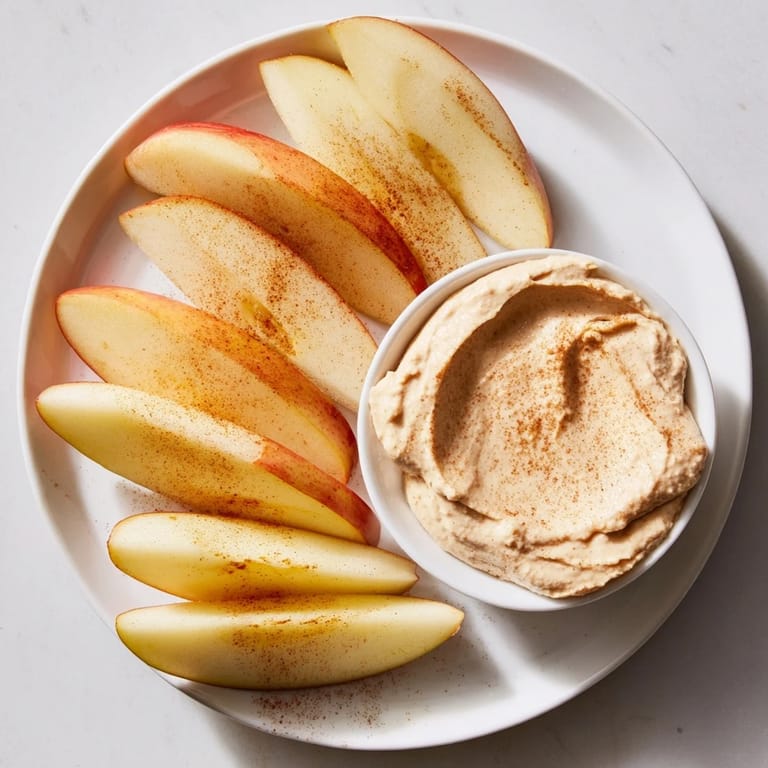 Vibrant plate of apple slices with peanut butter dip, a simple and delicious snack idea.