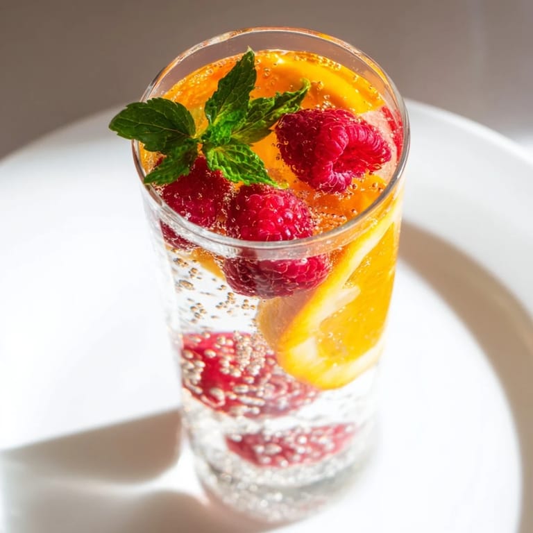 Clear bubbly sparkling juice with fresh raspberries, garnished with mint for a delicious New Year's beverage.