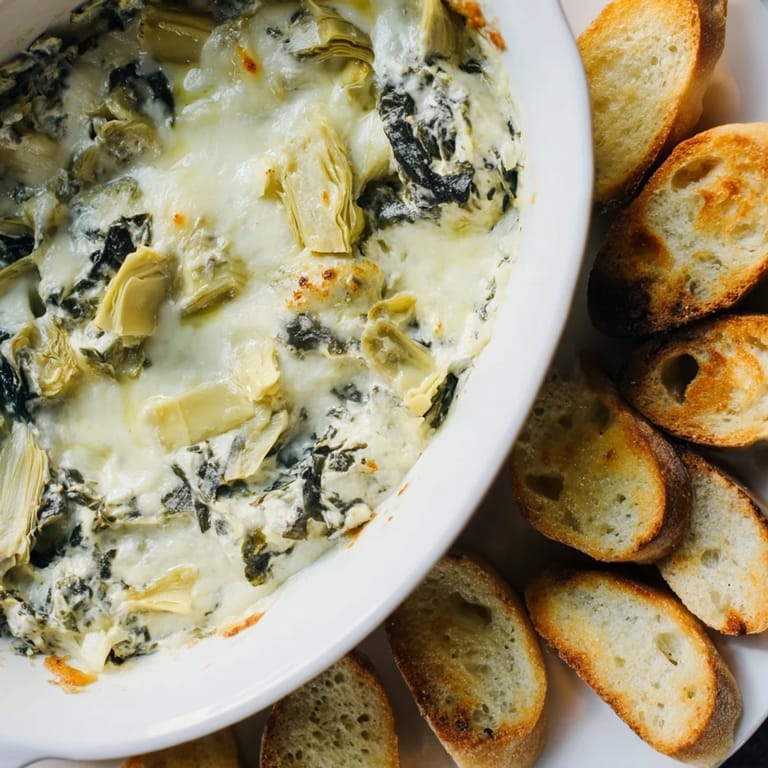A close-up of Spinach Artichoke Dip, rich and cheesy, perfect for sharing at a party.