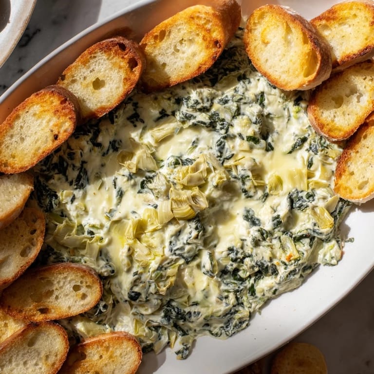 Warm, inviting image of Spinach Artichoke Dip: the classic appetizer, ready to scoop.