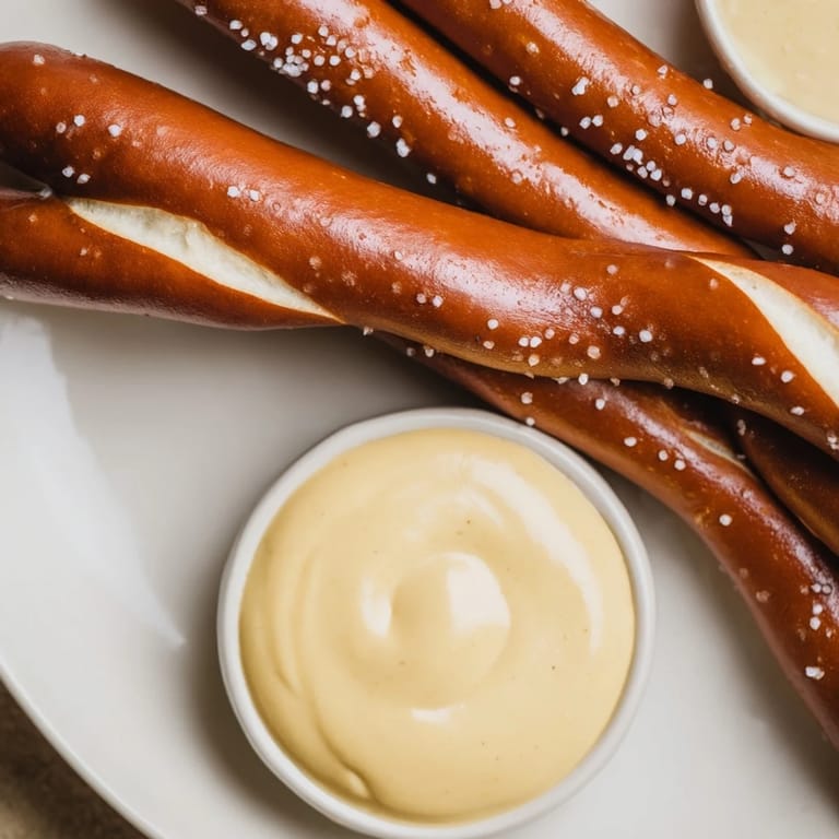 Golden pretzel rods perfectly paired with a creamy hot mustard dip for flavorful snacking enjoyment.