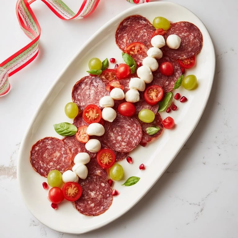 Elegant shot of the Candy Cane Zigzag appetizer board, showcasing salami, mozzarella, and juicy red accents.