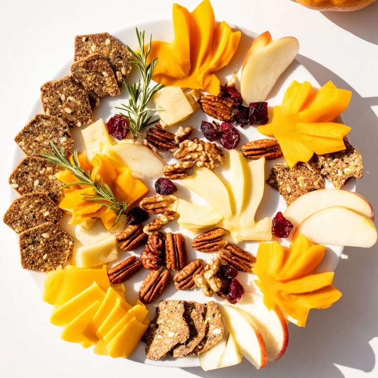 Vibrant Thanksgiving Leaf Fall board, showcasing leaf-shaped cheeses, crackers, and dried fruits for fall.