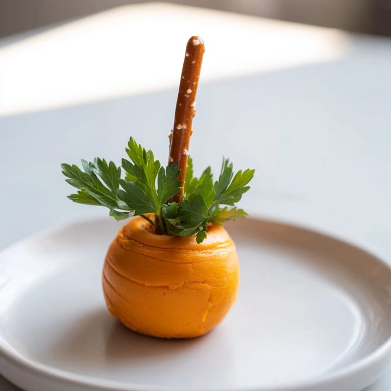 A playful Pumpkin Patch Grid: rows of cheese ball pumpkins with pretzel stems, ready to enjoy.